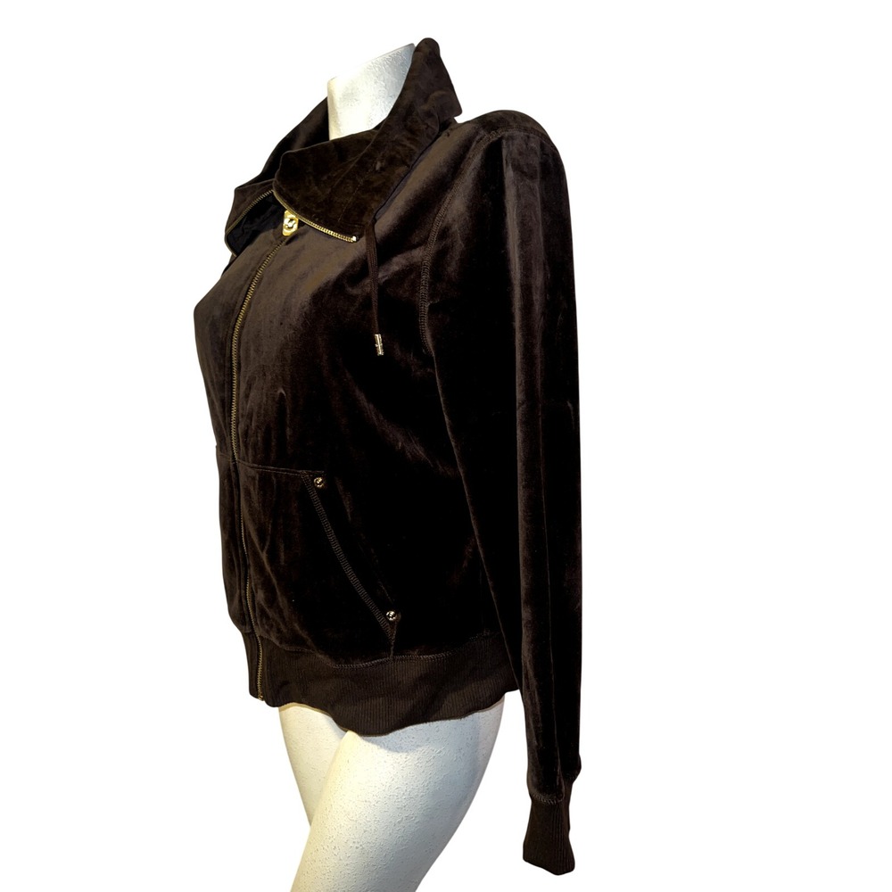 Michael Kors Womens Brown Velour Full Zip Funnel Neck Track Jacket Large MK Logo - Picture 5 of 7
